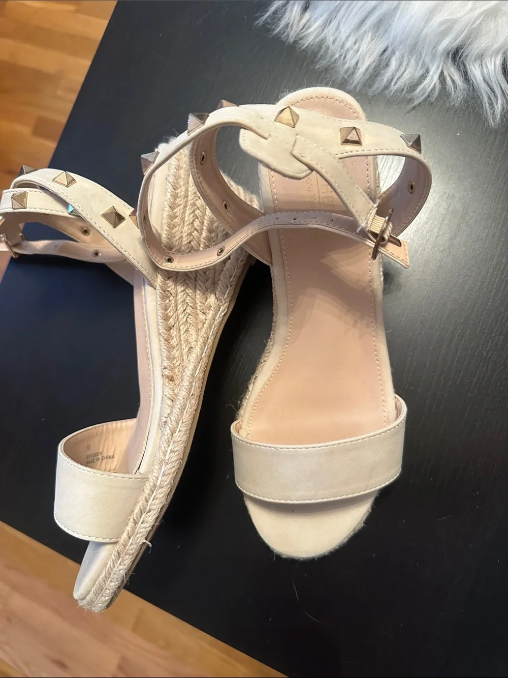 Catherine Malandrino Beige Studded Ankle-Strap Wedge Espadrilles
